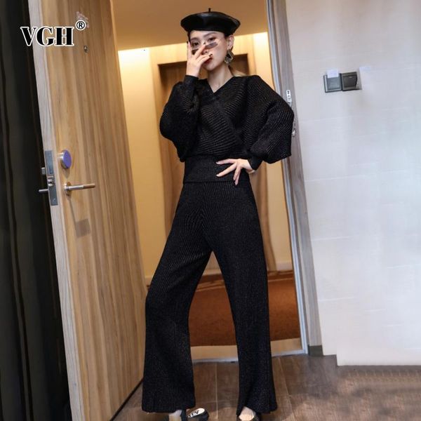 

two piece dress vgh knitted sets for women v neck batwing sleeves sweaters high waist wide leg pants suit female 2021 autumn fashion, White
