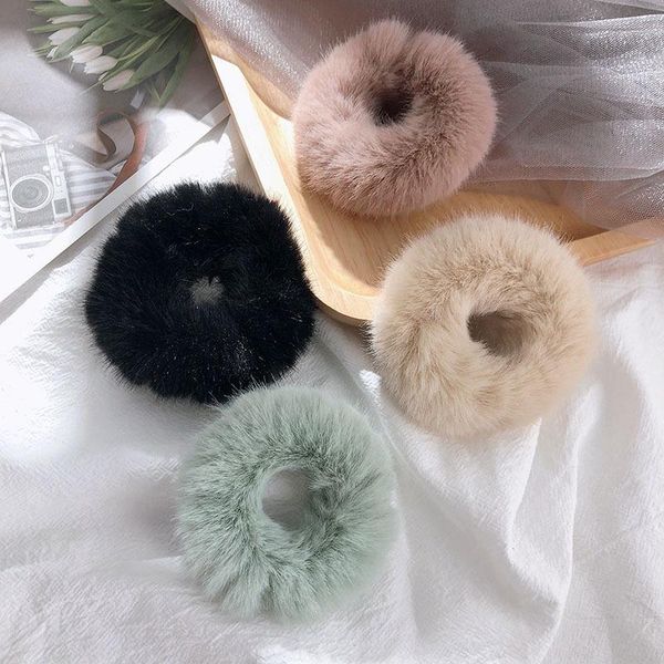 

hair accessories furry warm elastic hairband scrunchie soft faux fur women girls ponytai holder rope rubber headwear korea, Slivery;white