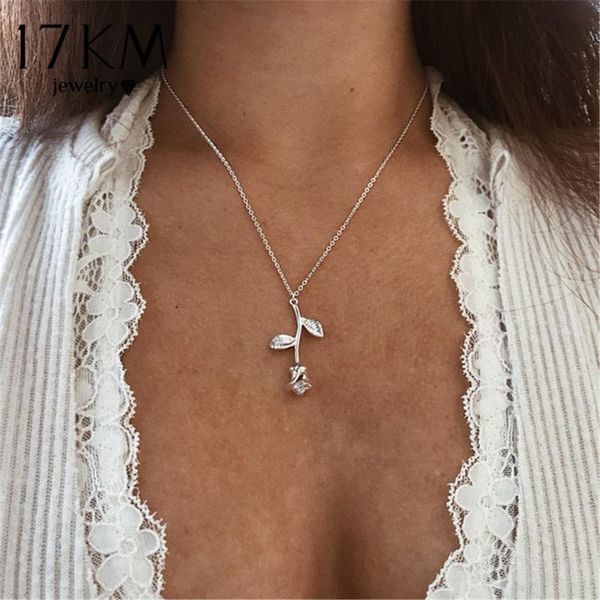 

pendant necklaces 17km rose flower necklace for women 3 color boho plant vintage charm statement jewelry fashion party gifts, Silver