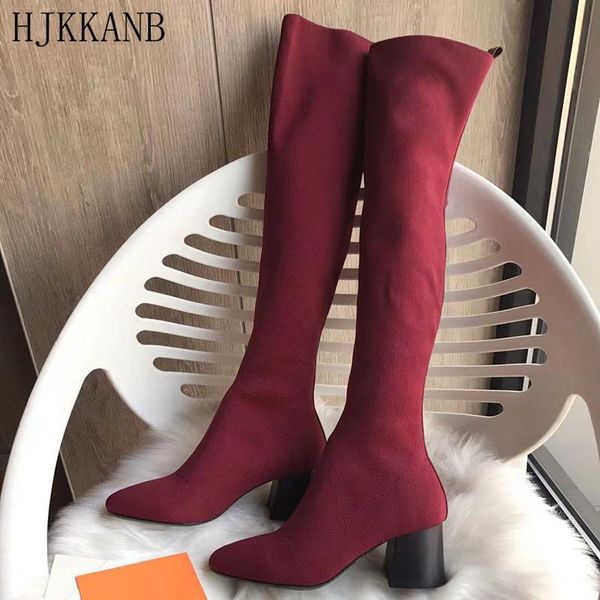 

boots fashion stretch socks women chunky high heel knitted long 2021 autumn winter solid color knee ladies, Black