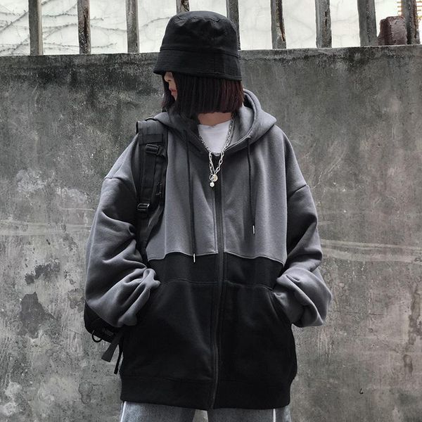 

women's hoodies & sweatshirts autumn winter korean clothing vintage style zip-up hooded pockets zipper ins cec harajuku fashion, Black