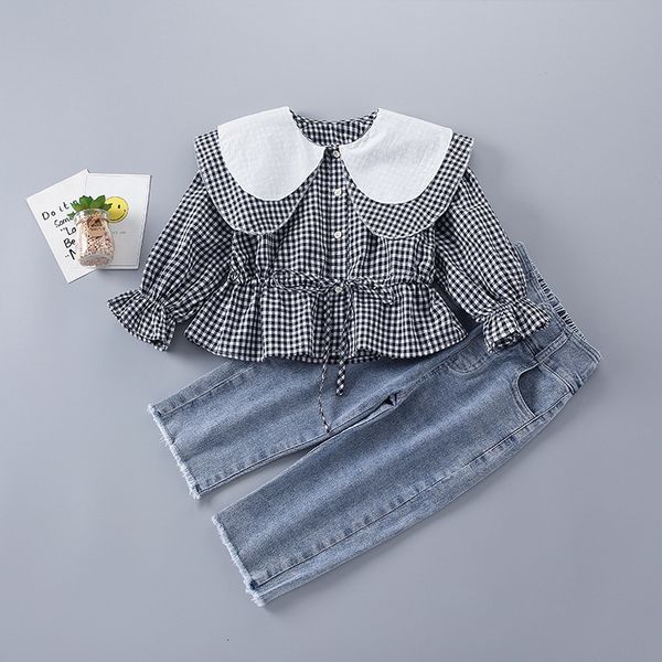 

clothing sets spring kids girls 2-pcs plaid peter pan collar long shirts + denim pants children jeans casual style clothes e035 boyc, White