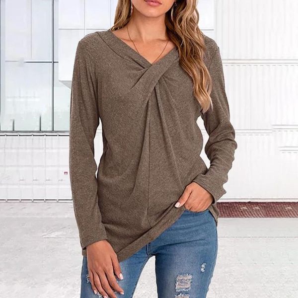 

solid color long sleeve t-shirt knotted v-neck women casual ac889 women's, White