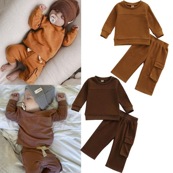 

clothing sets 0-4y autumn causal infant baby boys clothes 2pcs solid long sleeve pullover pocket sweatshirt pants, White