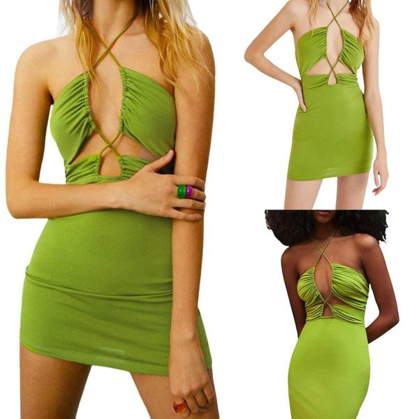 

casual dresses women's halter bodycon mini dress, fashion elegant sleeveless solid color hollow out ruched dress for party girl, Black;gray