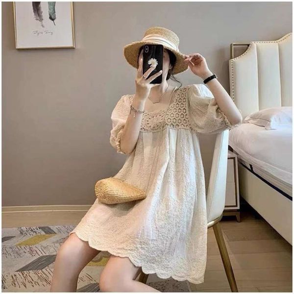

korean summer embroidery dress women's sweet age reducing skirt loose bubble sleeve medium length, Black;gray