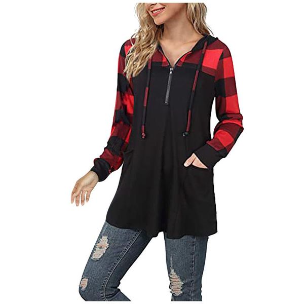 

women's hoodies & sweatshirts plus size plaid print sweatshirt autumn winter vintage warm hooded long sleeve stitching pullover b18, Black