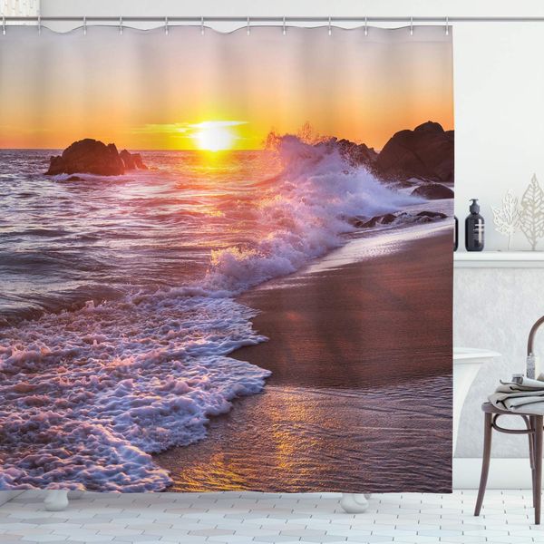 

ocean shower curtain, forceful sea waves hits to rocks on sandy beach and bubbles at sunset, cloth fabric bathroom decor set