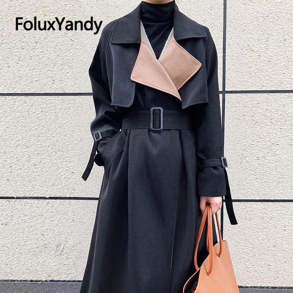 

women's trench coats korean style coat loose oversized belted lady cloak windbreaker x-long spring fall outerwear black lxnz15, Tan;black