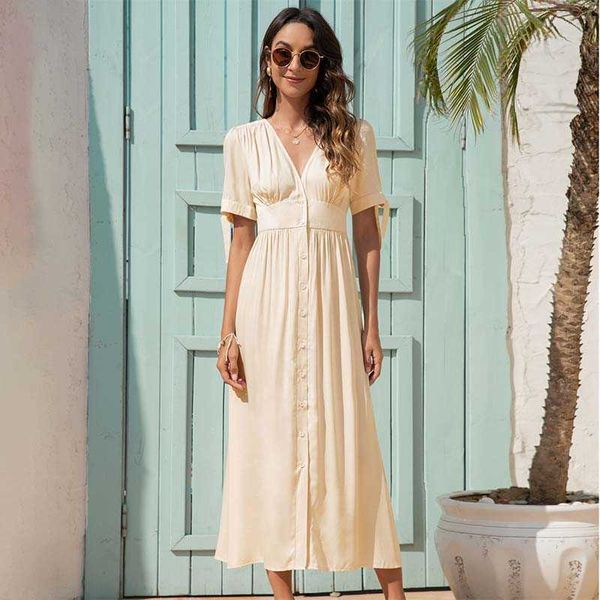 

single breasted temperament v neck short sleeve solid color dress women elegant bandage folds casual streetwear long dresses 210608, Black;gray