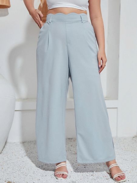 

plus scallop trim wide leg pants n7go#, Black