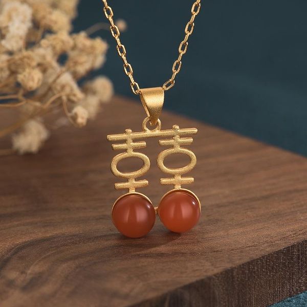 

chinese retro court style design gold agate double happiness pendant classic lady necklace jewelry gift necklaces, Silver