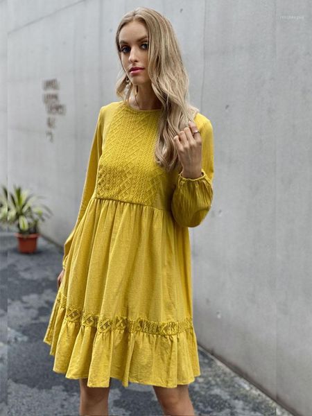 

women loose hollow lace stitching dress autumn fashion ruffled o-neck long sleeve solid color temperament commuter woman casual dresses, Black;gray