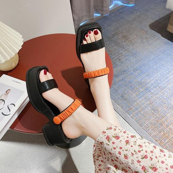 

sandals summer korean fashion thick bottom breathable open toe women beach buckle flat heels cover heel lady square shoes, Black