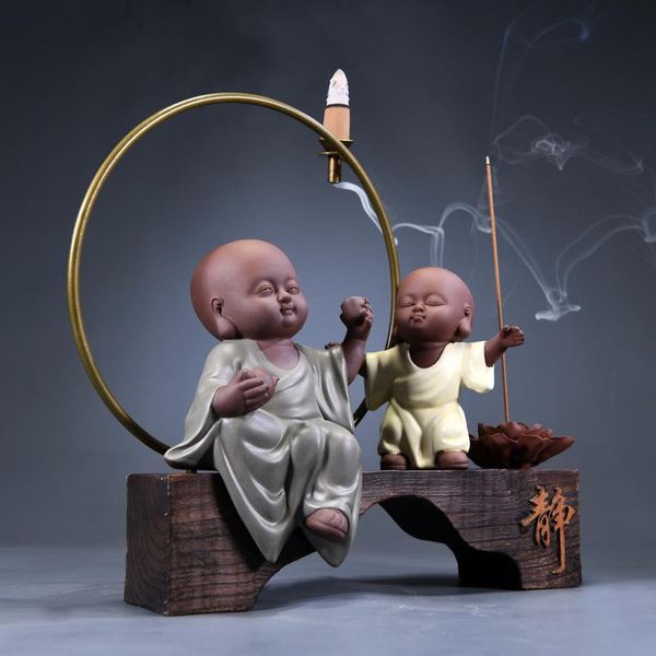 

small monk backflow incense burner with 20pcs cones smoke waterfall sticks holder home decor purple sand plated fragrance lamps