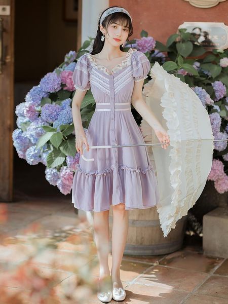 

casual dresses vintage retro fairy purple dress female lace stitching ruffled cute kawaii party vestido de mujer, Black;gray