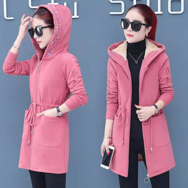 

women's trench coats 2021 winter women jacket thicken add velvet hooded sweatershirts zipper cardigan long-sleeved outwear plus size, Tan;black