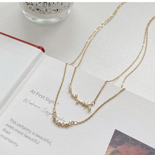 

chokers origin summer unique design double layer stainless steel star pendant necklace for women exquisite rhinestone jewelry, Golden;silver