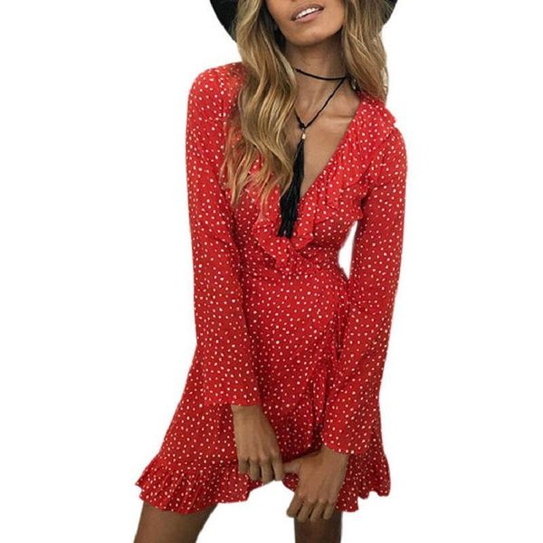 

casual dresses ruffle polkadot print summer dress vintage long sleeve irregular short robe women chic chiffon black red blue beach, Black;gray