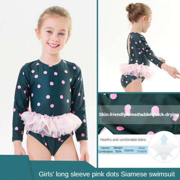 

one-piece suits girls swimsuit long sleeve one piece swimwear baby dots bathing suit child skirt beachwear toddler quick dry triangle bikini