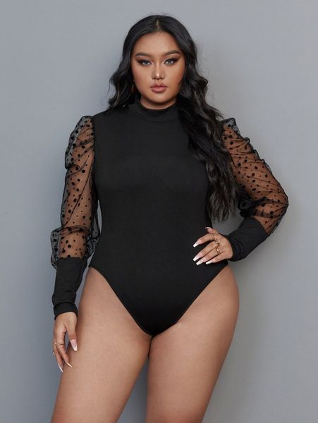 

plus polka dot contrast mesh mock neck bodysuit l6qi#, Black
