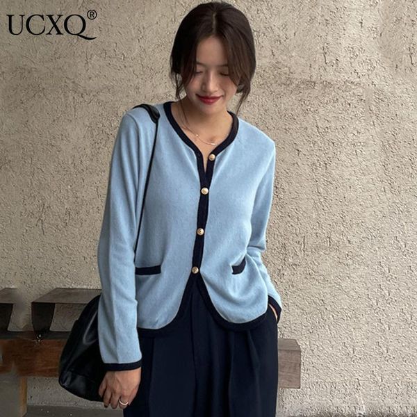 

women's knits & tees ucxq woman sweater kniited hit color loose wild long sleeve o collar cardigan casual style 2021 autumn korean fash, White