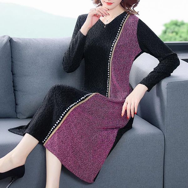 

casual dresses plus size dress women contrast ladies middle aged long sleeve spring autumn vestidos de fiesta noche, Black;gray