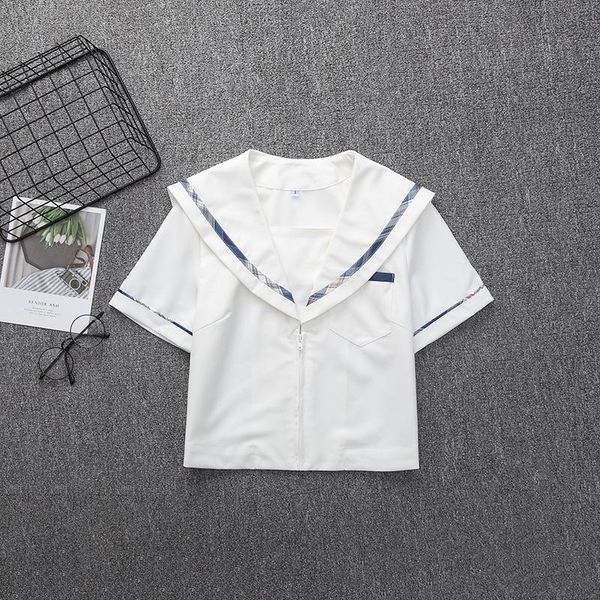 

two piece dress sweet jk girl school uniform set: blue plaid pleated skirt + sailor collar t-shirt short sleeve a-line necktie bow tie, White
