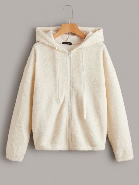 

drawstring hooded teddy jacket e8g5#, Black;brown