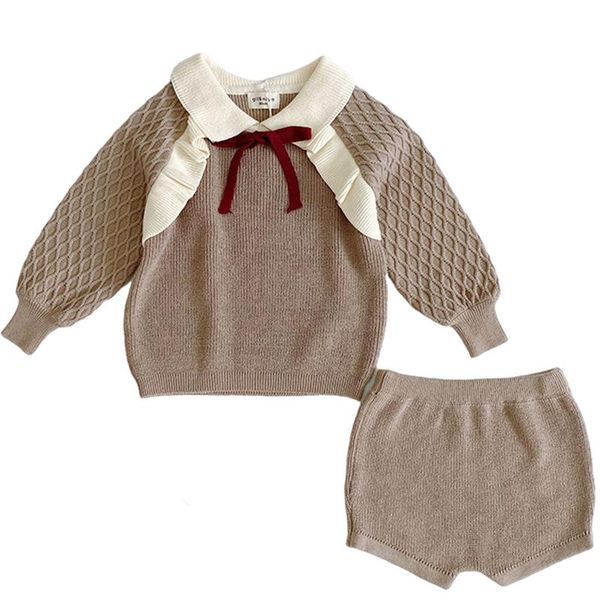 

clothing sets 1-5yrs children baby clohting knit set autumn princess bow fashion girls clothes long sleeve sweater +pp shorts, White