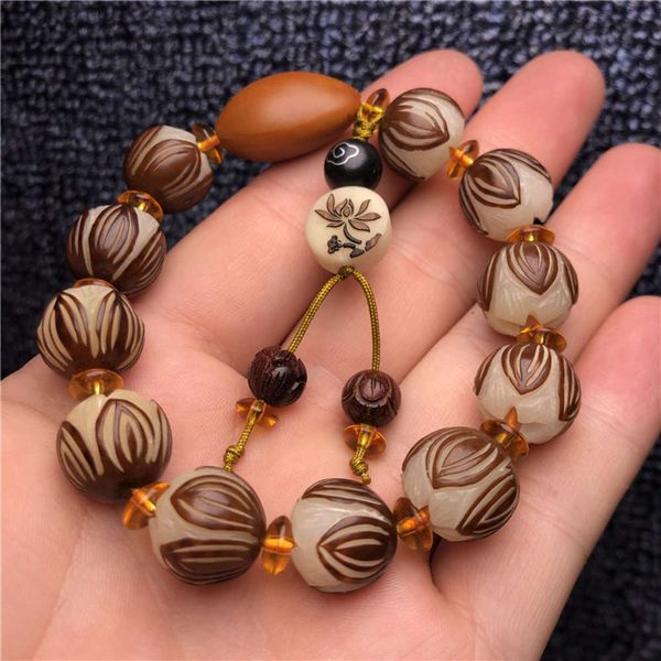 

white jade bodhi root carved lotus bracelet single circle original seed bracelet for men and women 13mm, Black