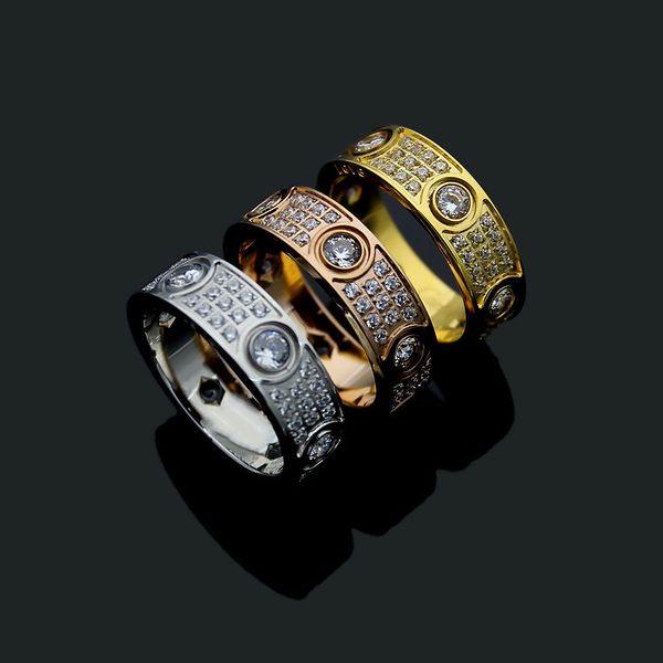 

3 colors luxurious styles women designer ring six diamonds titanium steel full three-row cubic zirconic stone fashion couple rings, Silver