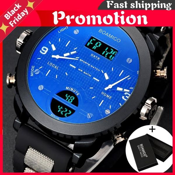 

wristwatches men watches brand 3 time zone military sports male led digital quartz gift box relogio masculino, Slivery;brown