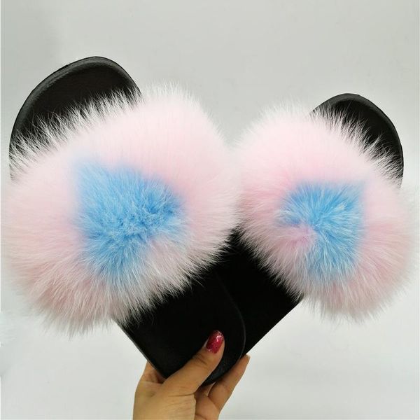 

slippers real fur slides women homes plush furry ladies cute hair sandals rainbow woman, Black