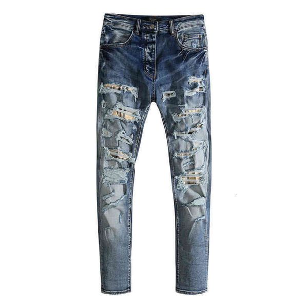 

am fashion blue 2021 men's hole patch cloth complex wash jeans trousers