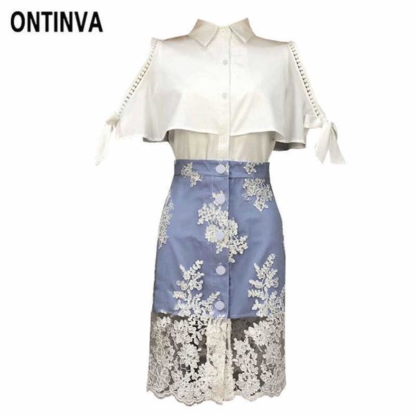 Süße Büro Dame 2 Stück Set Kalte Schulter Chiffon Bluse Hemd Denim Rock Patchwork Spitze Anzug Sommer Frauen Elegante 210527