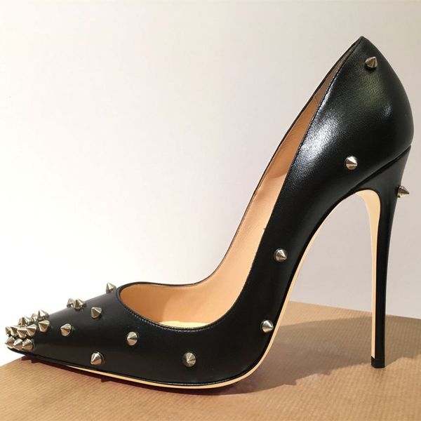 

casual designer lady fashion women shoes black leather spikes point toe stiletto stripper high heels prom evening pumps large size 44 12cm