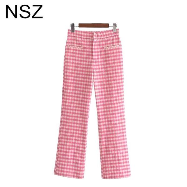 

women pink plaid thin tweed flare pants high waist slim checked cropped trousers 2021 women's & capris, Black;white
