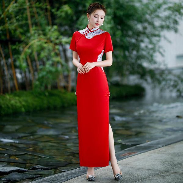 

ethnic clothing autumn solid chinese traditional retro classic vintage qipao wedding evening party dress elegant bodycon cheongsam plus size, Red