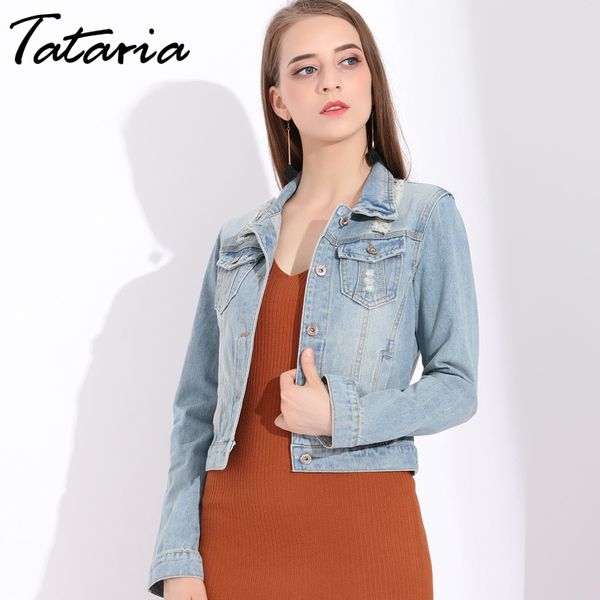 

slim woman jean coat plus size 5xl denim jackets ripped women vintage casaco jeans feminina turn-down collar s female 210514, Black;brown