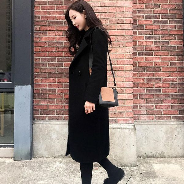 

women's wool & blends 2021 women autumn winter vintage coats lady button solid long sleeve mid-long outerwear female casual oversize ja, Black