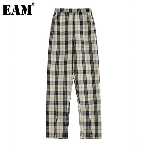 

[eam] plaid slit pockets casual high elastic waist trousers loose fit full pants women fashion spring summer 1dd8381 210512, Black;white