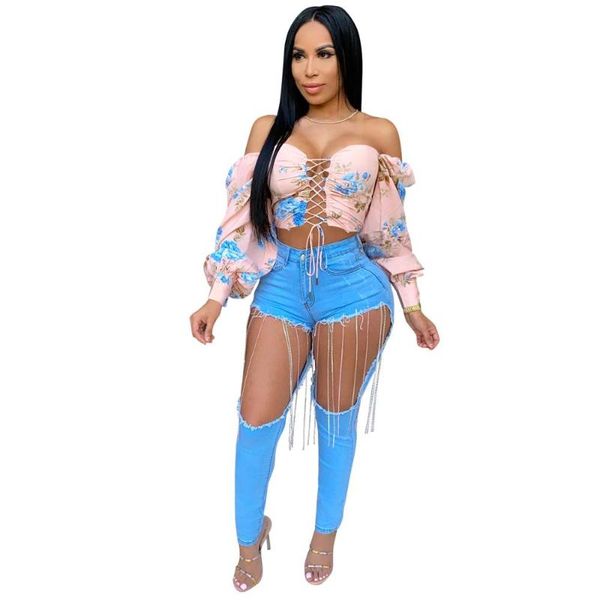 

women's t-shirt adogirl women floral print lace up off shoulder long sleeve shirts bodycon crop fashion streetwear, White