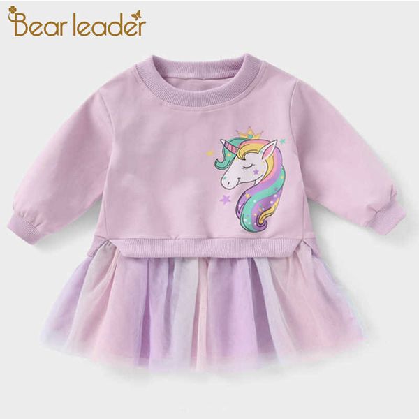 Bärenführer Mädchen Kleid Frühling Herbst Niedliche Vestido Volle Hülse Einhorn Patchwork Kinder Kleider Pincess Mesh Kostüm Mädchen 3-7Y 210708