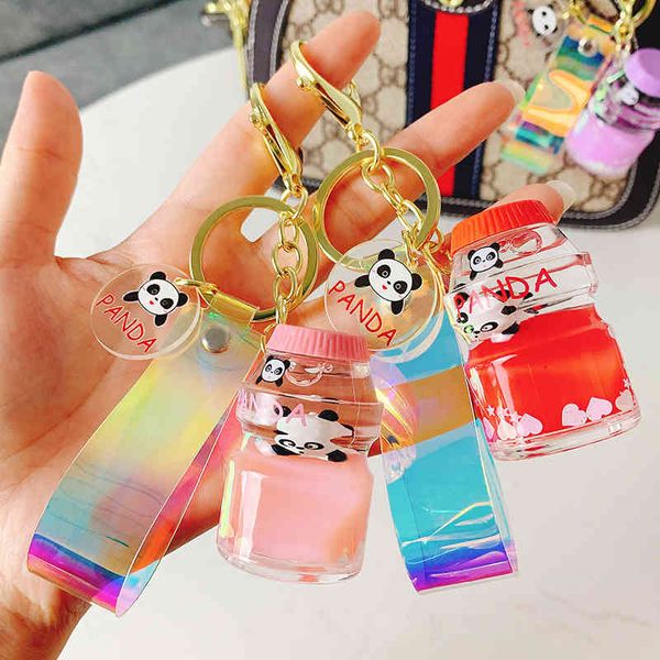 

keyring keychain korean cartoon creative panda yogurt bottle floating pendant, Silver