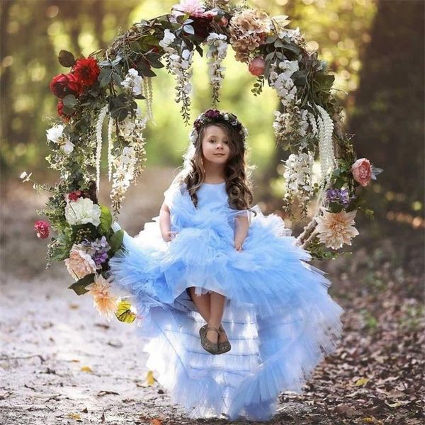 

lovely tiered ruffles flower girls dresses sleeveless o neck tulle pageant gowns customise little girl' birthday party dress, White;blue