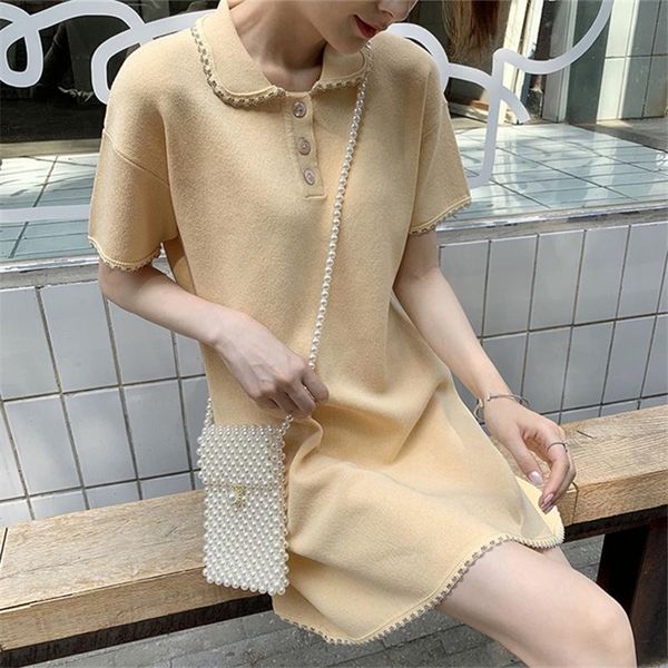 

women's t-shirt 2021 spring clothes korean style sweet salt collar knitted dress mid-length slimming small fashion, White