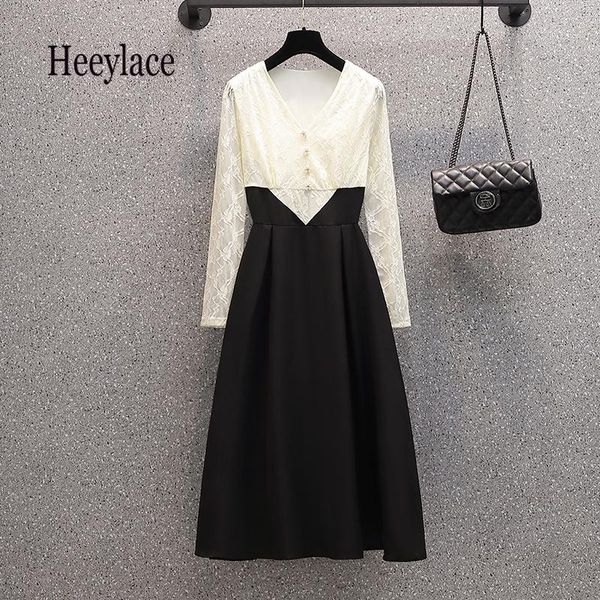 

casual dresses plus size vintage lace patchwork long sleeve a-line dress office ladies elegant high waist female autumn vestidos femme, Black;gray