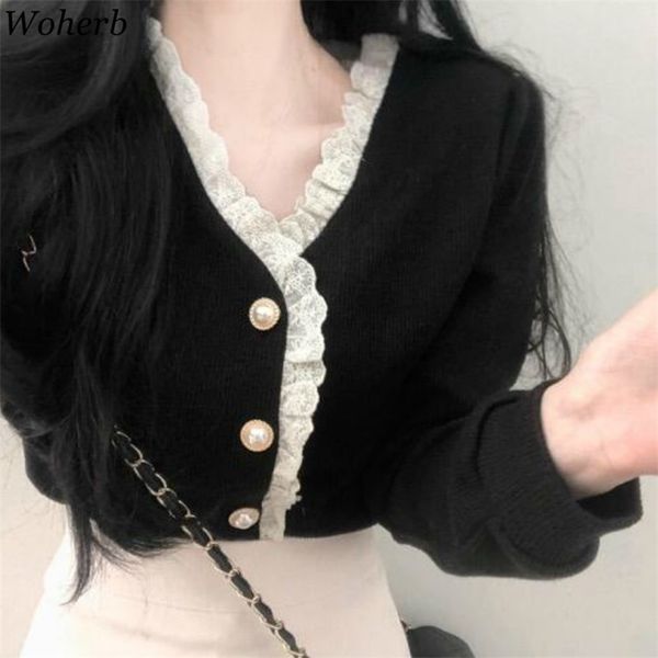 

woherb korean chic lace patchwork blouse woman blusas mujer de moda v-neck ruffles fashion temperament shirt 4g554 210719, White