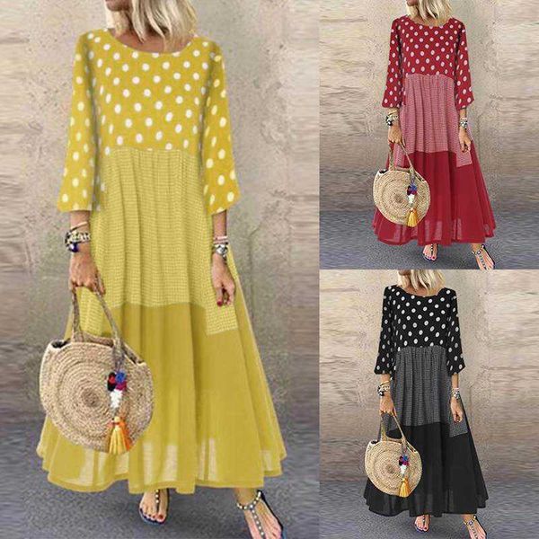 

women polka dot long sundress autumn zanzea vintage pacthwork dress 2021 casual cotton shirt vestidos femme tunic robe kaftan p0809, Black;gray